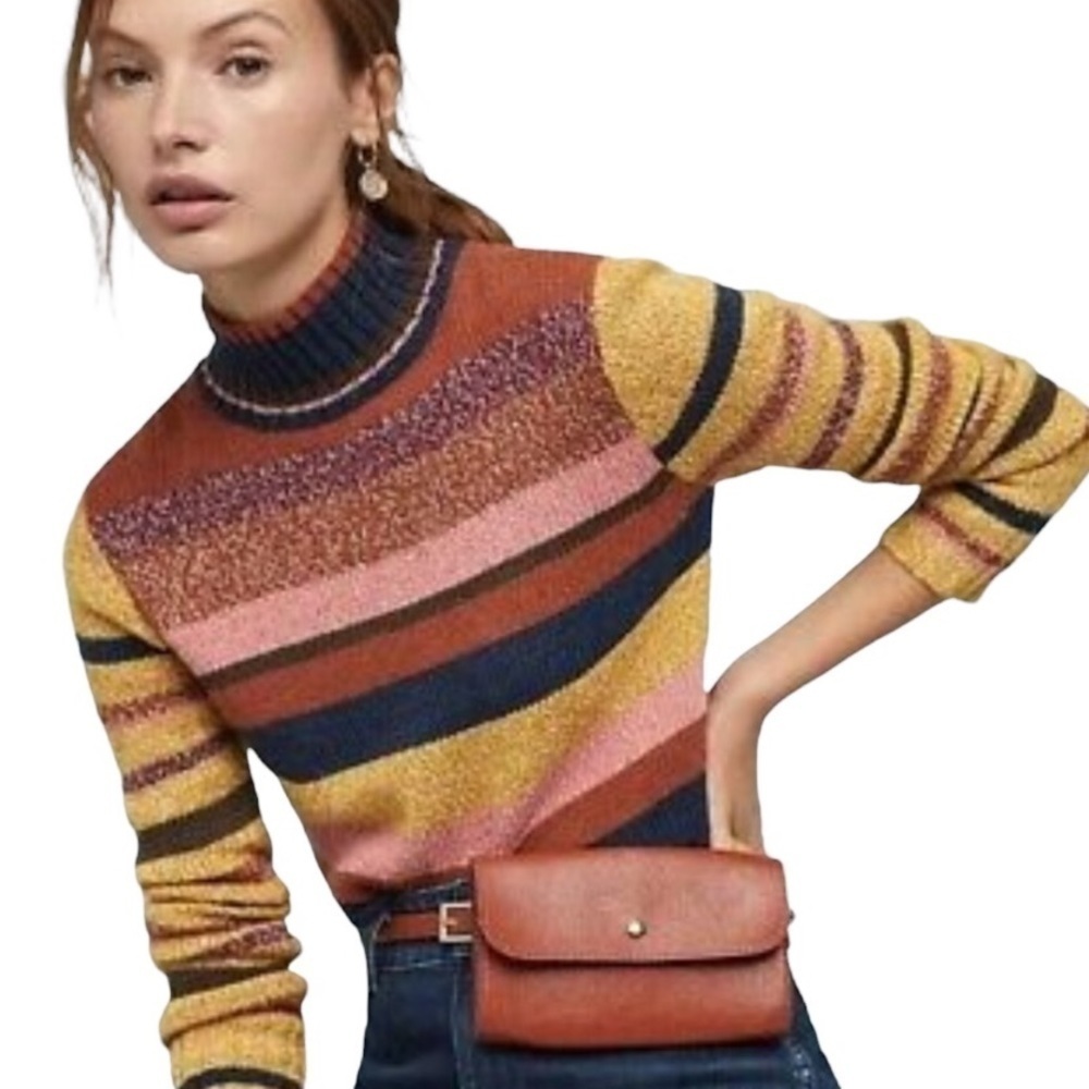Frye Cropped Mock Neck Striped Sweater Cotton Merino Wool Mohair Blend